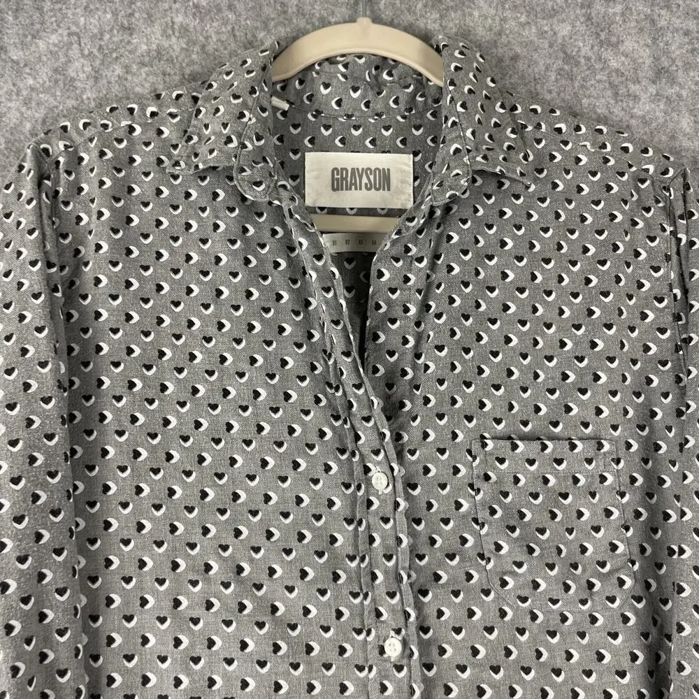 Grayson The Hero Top Womens 3 Medium Gray Heart Print Lyocell Button Up Soft - Picture 2 of 15